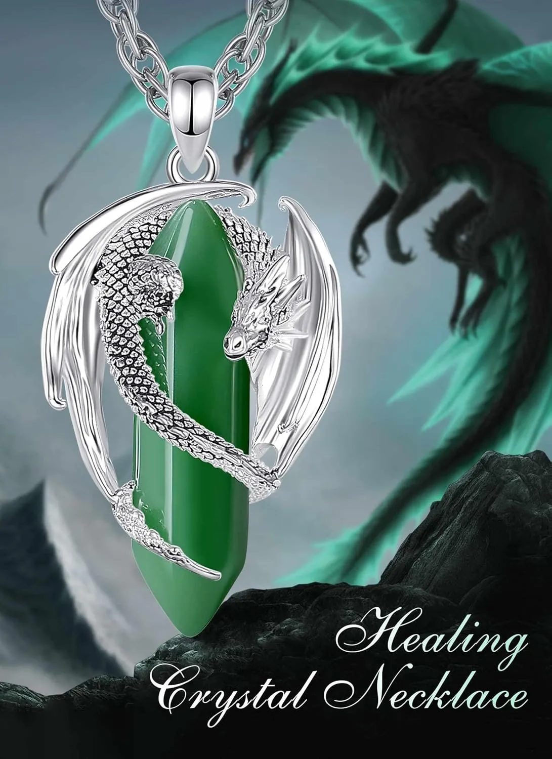 CELESTIA Silver-Plated Copper Dragon Necklace Crystal 7 Chakras, Rose Quartz, Turquoise, Obsidian, Amethyst, Malachite, White Crystal, Dongling Jade - 22'' 2'' Stainless Steel Singapore Chain