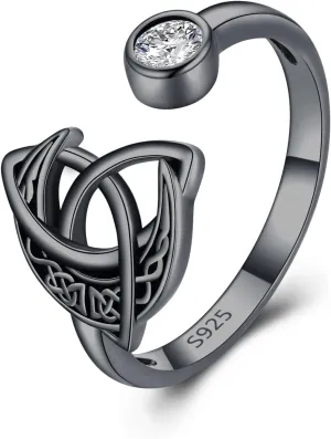 Celtic Knot 925 Sterling Silver Moon Ring - Adjustable Open Celtic Jewelry Gift for Women
