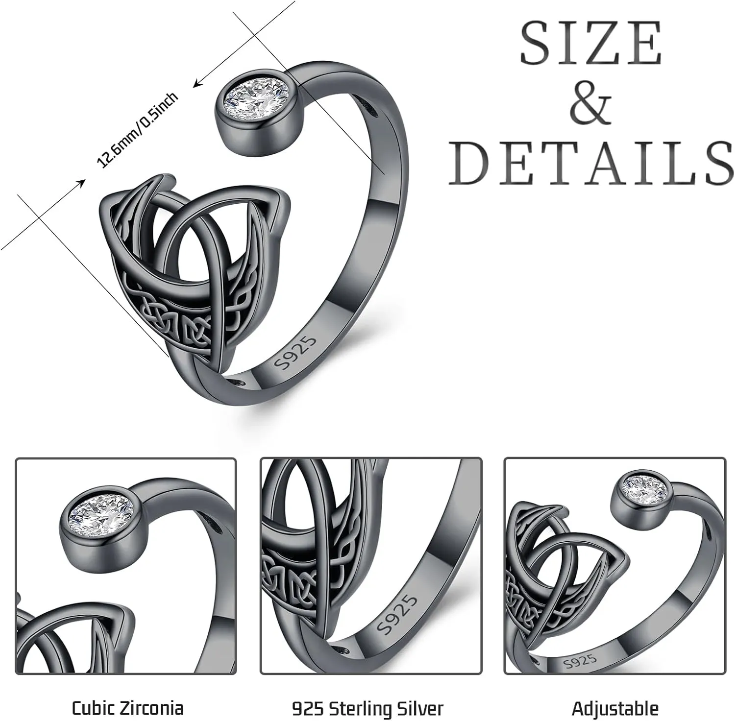 Celtic Knot 925 Sterling Silver Moon Ring - Adjustable Open Celtic Jewelry Gift for Women