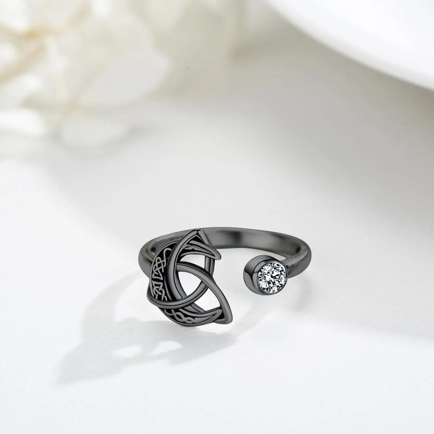 Celtic Knot 925 Sterling Silver Moon Ring - Adjustable Open Celtic Jewelry Gift for Women