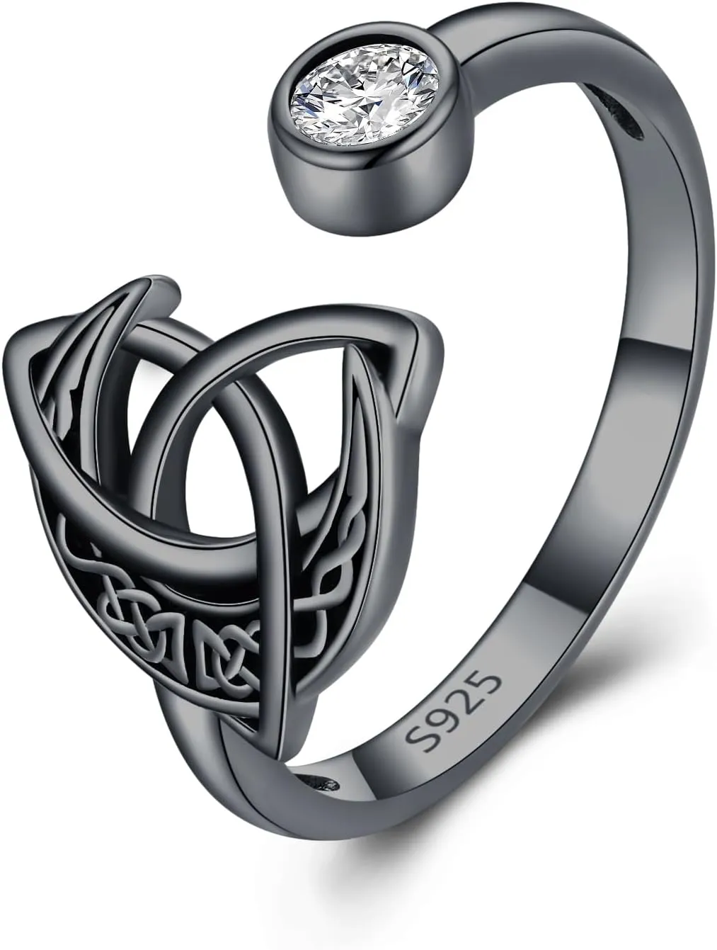 Celtic Knot 925 Sterling Silver Moon Ring - Adjustable Open Celtic Jewelry Gift for Women