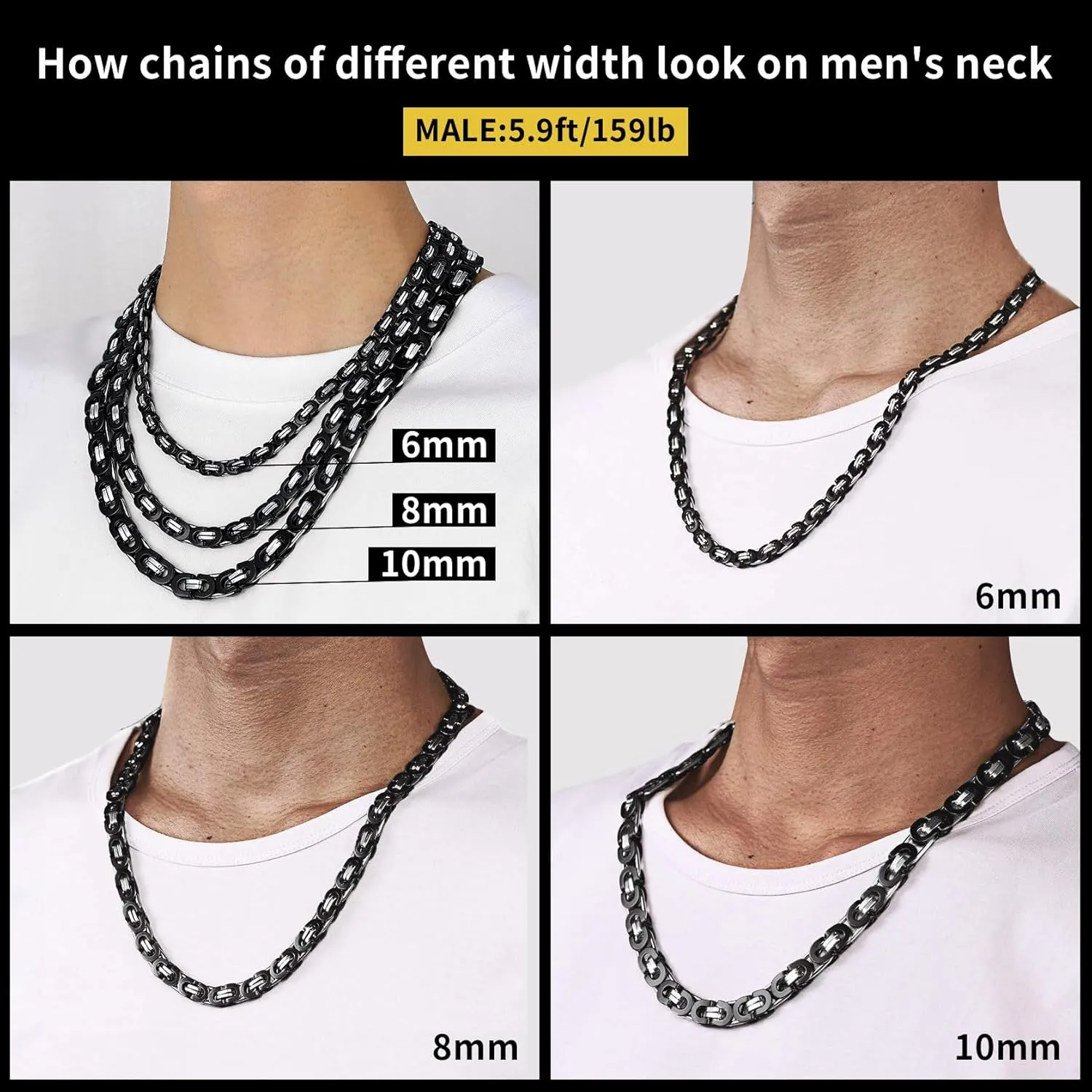 ChainsHouse Flat Byzantine Link Necklace for Men 6mm/8mm/10mm Width, 18K Gold Plated/Stainless Steel Black Byzantine Chain Necklaces, 18" 20" 22" 24" 26" 28" 30" Length, with Gift Box