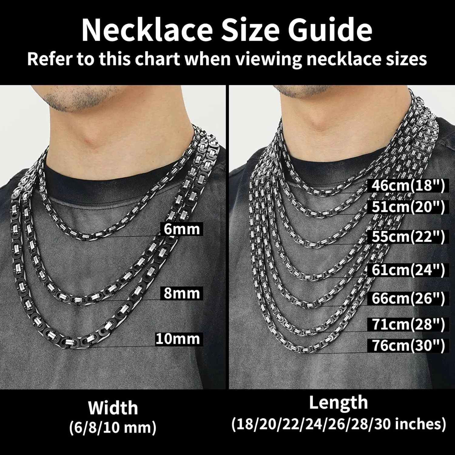 ChainsHouse Flat Byzantine Link Necklace for Men 6mm/8mm/10mm Width, 18K Gold Plated/Stainless Steel Black Byzantine Chain Necklaces, 18" 20" 22" 24" 26" 28" 30" Length, with Gift Box