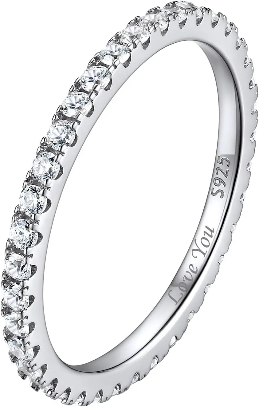 ChicSilver Personalized 2MM 925 Sterling Silver CZ Cubic Zirconia Stackable Ring Eternity Wedding Engagement Band for Women Size 4-12, Silver/Rose Gold
