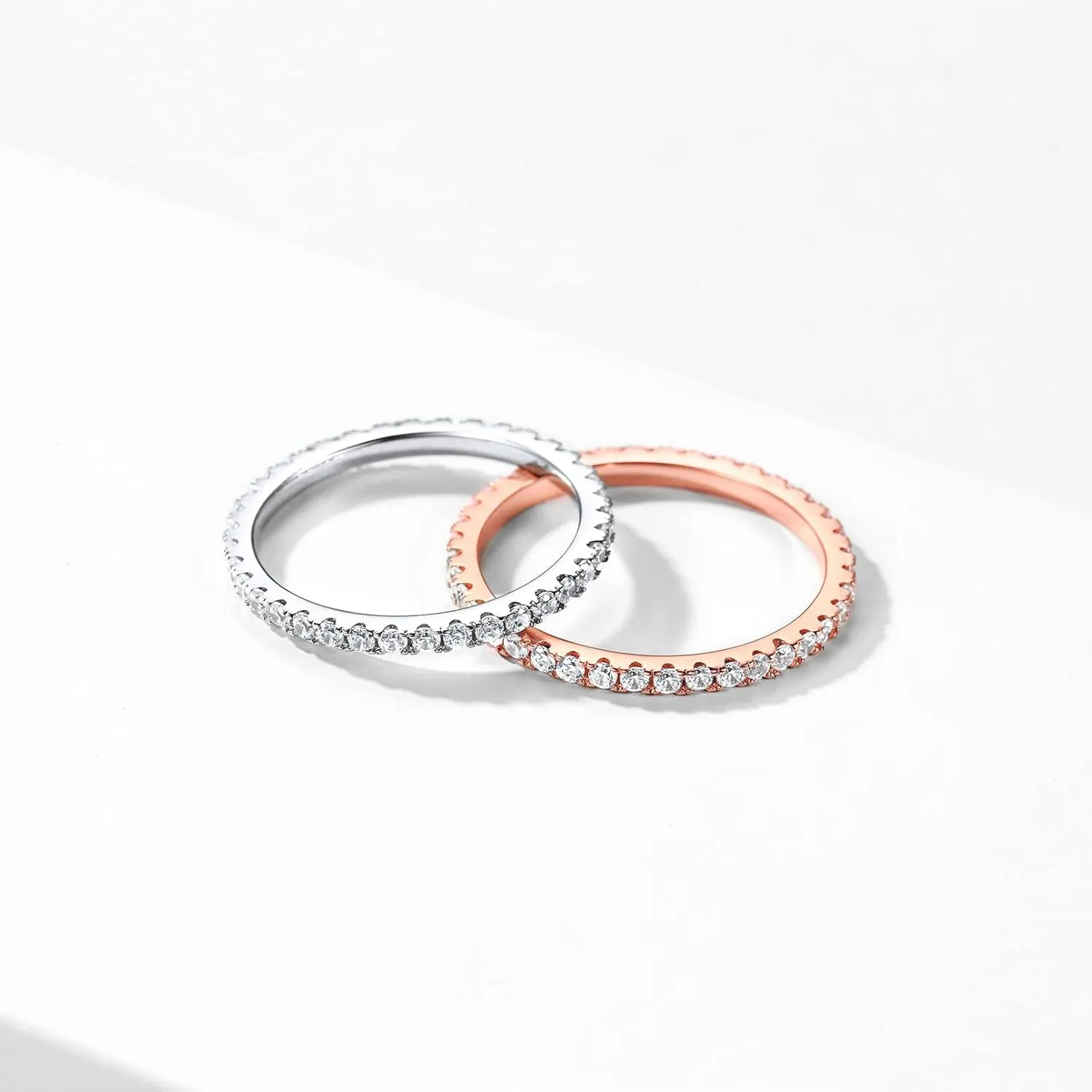 ChicSilver Personalized 2MM 925 Sterling Silver CZ Cubic Zirconia Stackable Ring Eternity Wedding Engagement Band for Women Size 4-12, Silver/Rose Gold