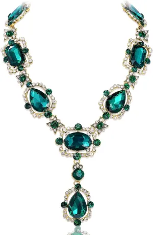 Chunky Emerald Crystal Bib Long Necklace Costume Jewelry for Women - Gold Rhinestone Renaissance Summer Jewelry for Prom, Graduation Gifts