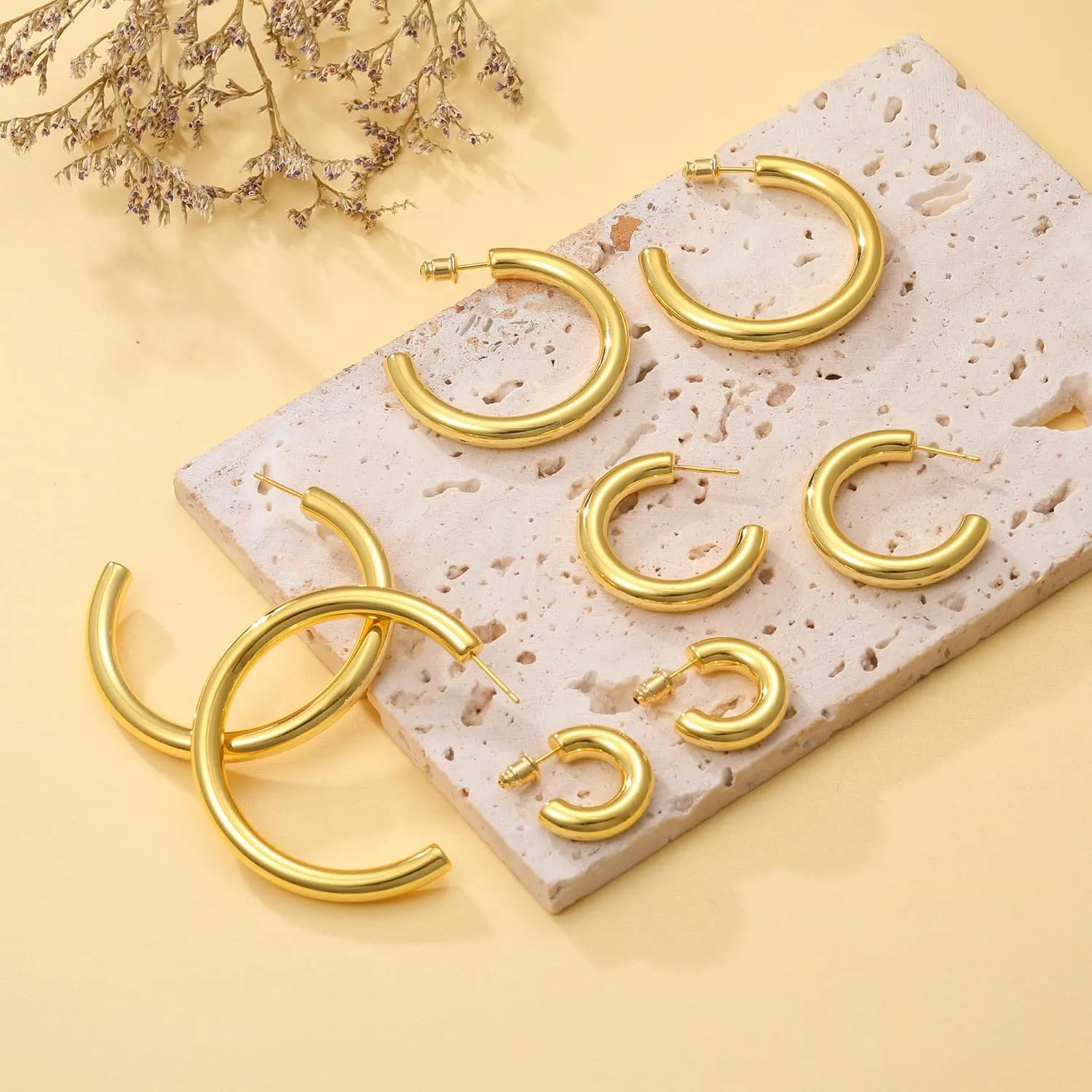 Chunky Gold Hoop Earrings Set 14K Gold Plated Open Hoops Earrings Lightweight Small Gold Hoop Earrings 20/30/40/50mm