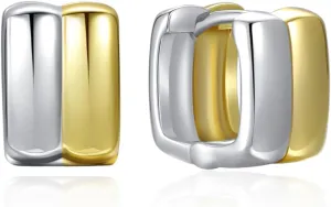 Chunky Mini Hoop Earrings 14K Two-Tone Gold | 10mm Small Band Hinged Hoop Earrings | Small Square Duet Mixed Huggie Hoops