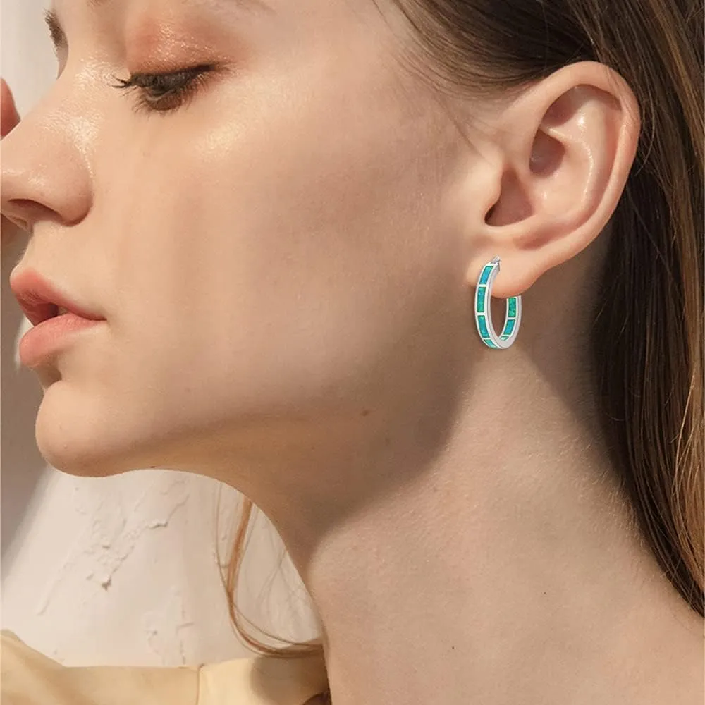CiNily Sterling Silver/Rose Gold/Yellow Gold Plated Hoop Earrings 20mm,Multicolor Opal Small Hoop Earrings for Women Girls Hypoallergenic Jewelry for Sensitive Ears Gemstone Earrings