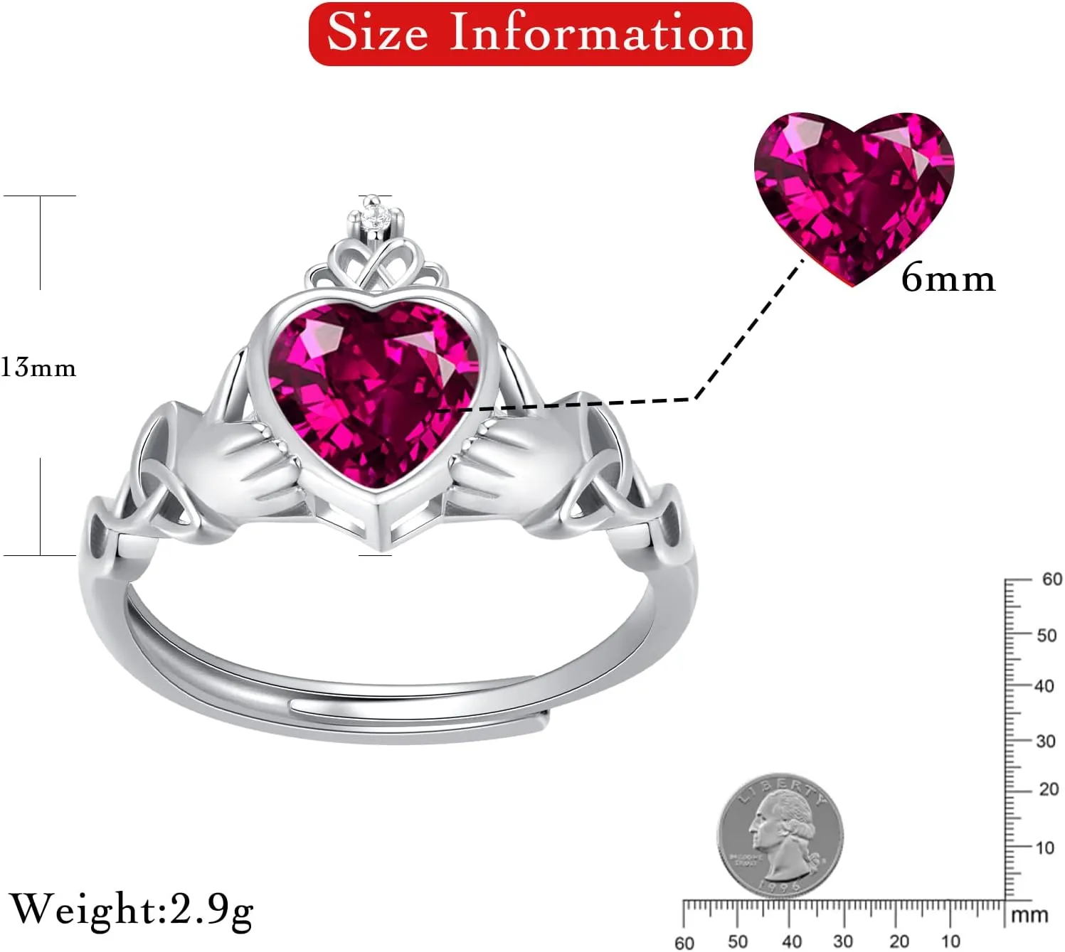 Claddagh Heart Shape Birthstone Rings - 925 Sterling Silver Adjustable Traditional Irish Wedding Ring Promise Eternity Bands, Personalized Jewelry for Women Girls (With Gift Box)