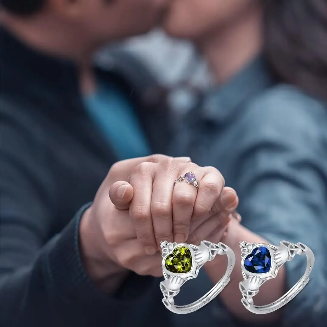 Claddagh Heart Shape Birthstone Rings - 925 Sterling Silver Adjustable Traditional Irish Wedding Ring Promise Eternity Bands, Personalized Jewelry for Women Girls (With Gift Box)