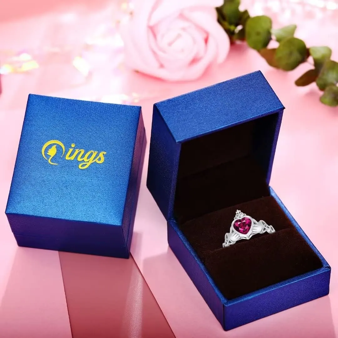 Claddagh Heart Shape Birthstone Rings - 925 Sterling Silver Adjustable Traditional Irish Wedding Ring Promise Eternity Bands, Personalized Jewelry for Women Girls (With Gift Box)