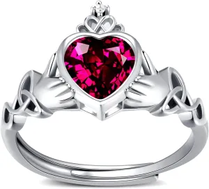 Claddagh Heart Shape Birthstone Rings - 925 Sterling Silver Adjustable Traditional Irish Wedding Ring Promise Eternity Bands, Personalized Jewelry for Women Girls (With Gift Box)