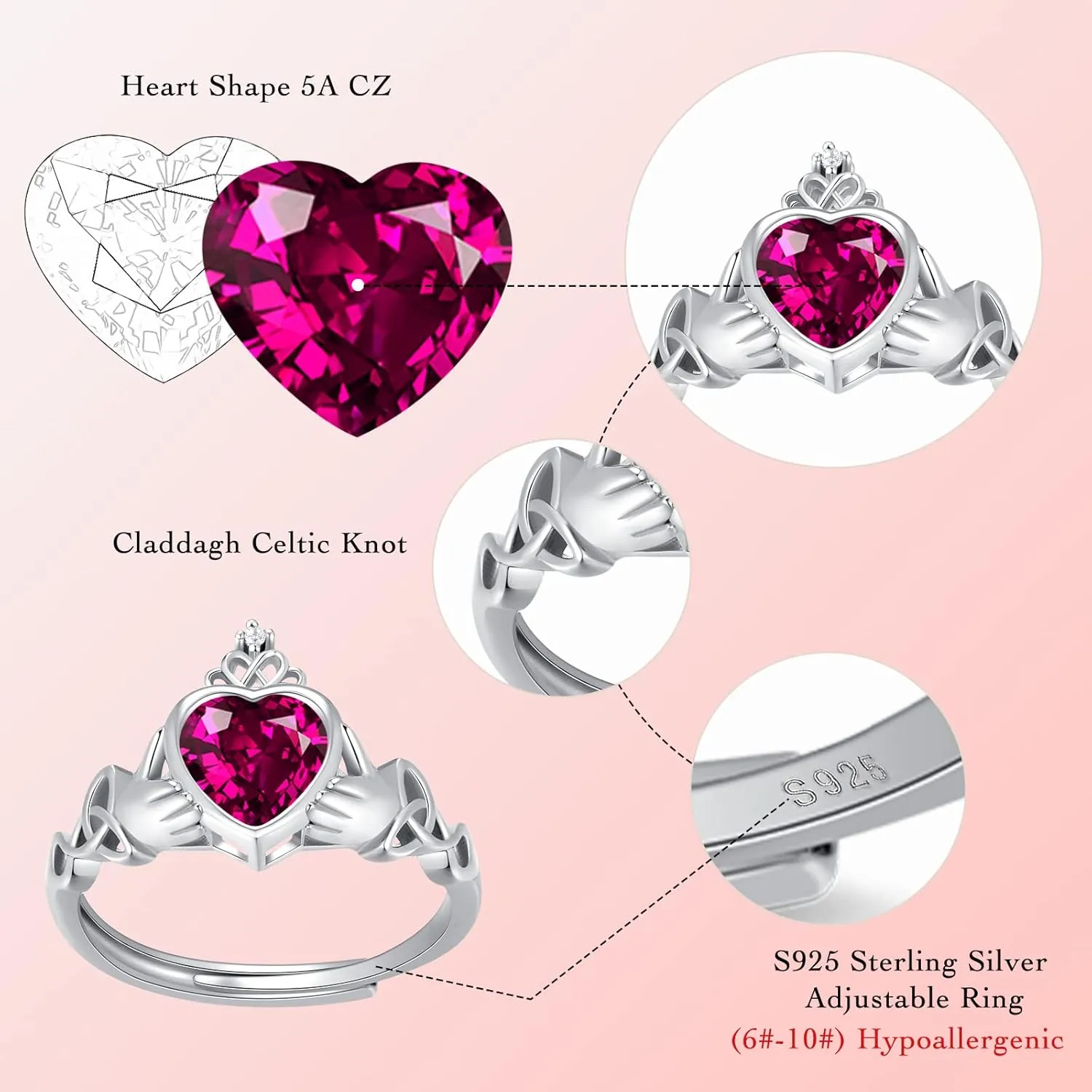 Claddagh Heart Shape Birthstone Rings - 925 Sterling Silver Adjustable Traditional Irish Wedding Ring Promise Eternity Bands, Personalized Jewelry for Women Girls (With Gift Box)
