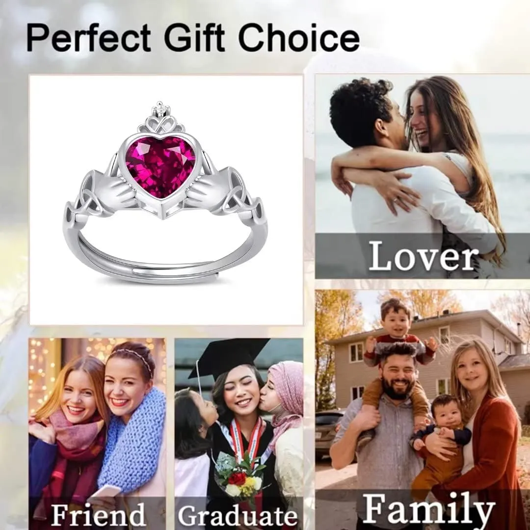 Claddagh Heart Shape Birthstone Rings - 925 Sterling Silver Adjustable Traditional Irish Wedding Ring Promise Eternity Bands, Personalized Jewelry for Women Girls (With Gift Box)