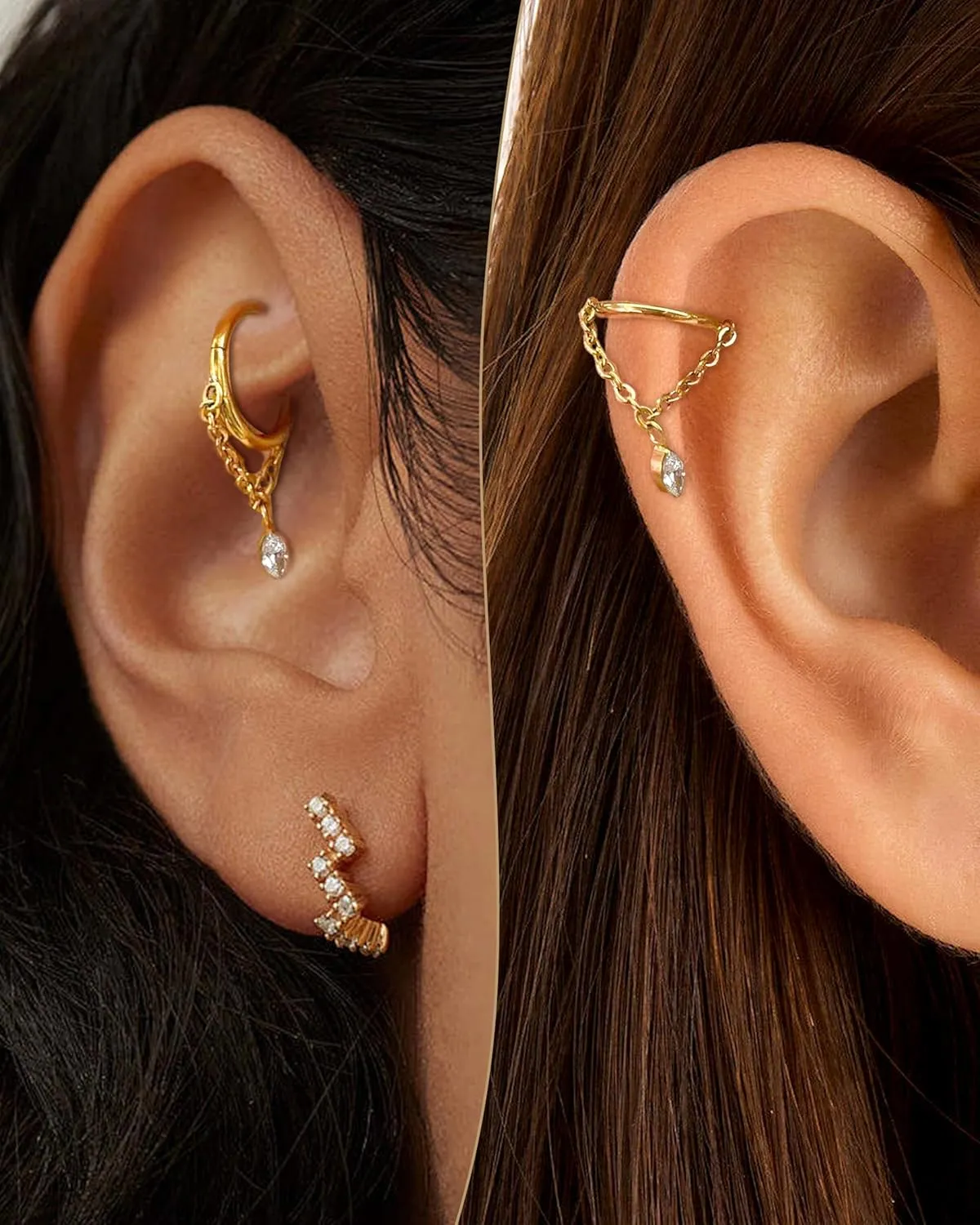 COCHARM 16g Titanium Dangle Chain Helix Earrings Gold Dangling Rook Hoop Piercing Jewelry, 8mm Dangly Chain Gold Helix Ring Surgical Steel Rook Earring for Women Men