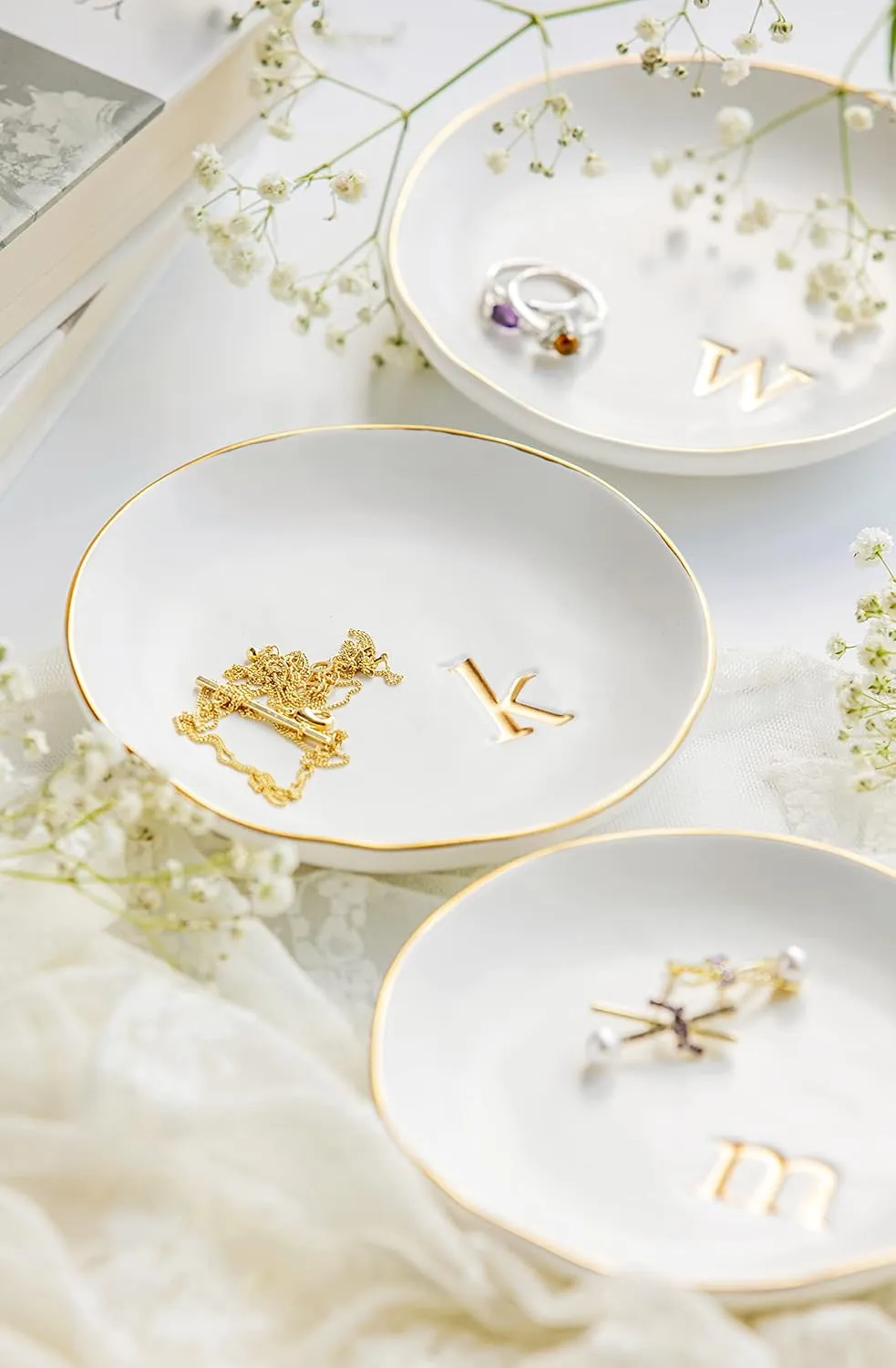 COLLECTIVE HOME - Ceramic Jewelry Tray, Decorative Trinket Dish for Rings Earrings Necklaces Bracelet Watch Keys, Birthday Mother's Day for Women, 4.75", White Surface (C)