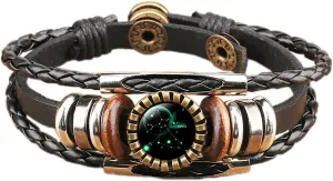 COLORFUL BLING 12 Zodiac Constellation Bracelets Leather Multilayer Braided Rope Crystal Glass Hand Woven Cuff for Women Men Punk Rock Jewelry