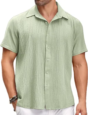 COOFANDY Men's Cuban Linen Shirt Short Sleeve Summer Beach Guayabera Shirts