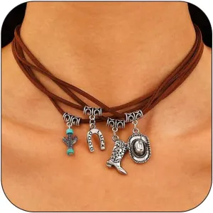 Cowboy Hat Boot Pendant Necklace for Women Vintage Cowgirl Hat Suede Brown Leather Necklaces Layer Western Cowgirl Hat Boots Horseshoe Charms Chain Necklace Western Jewelry Gift for Women