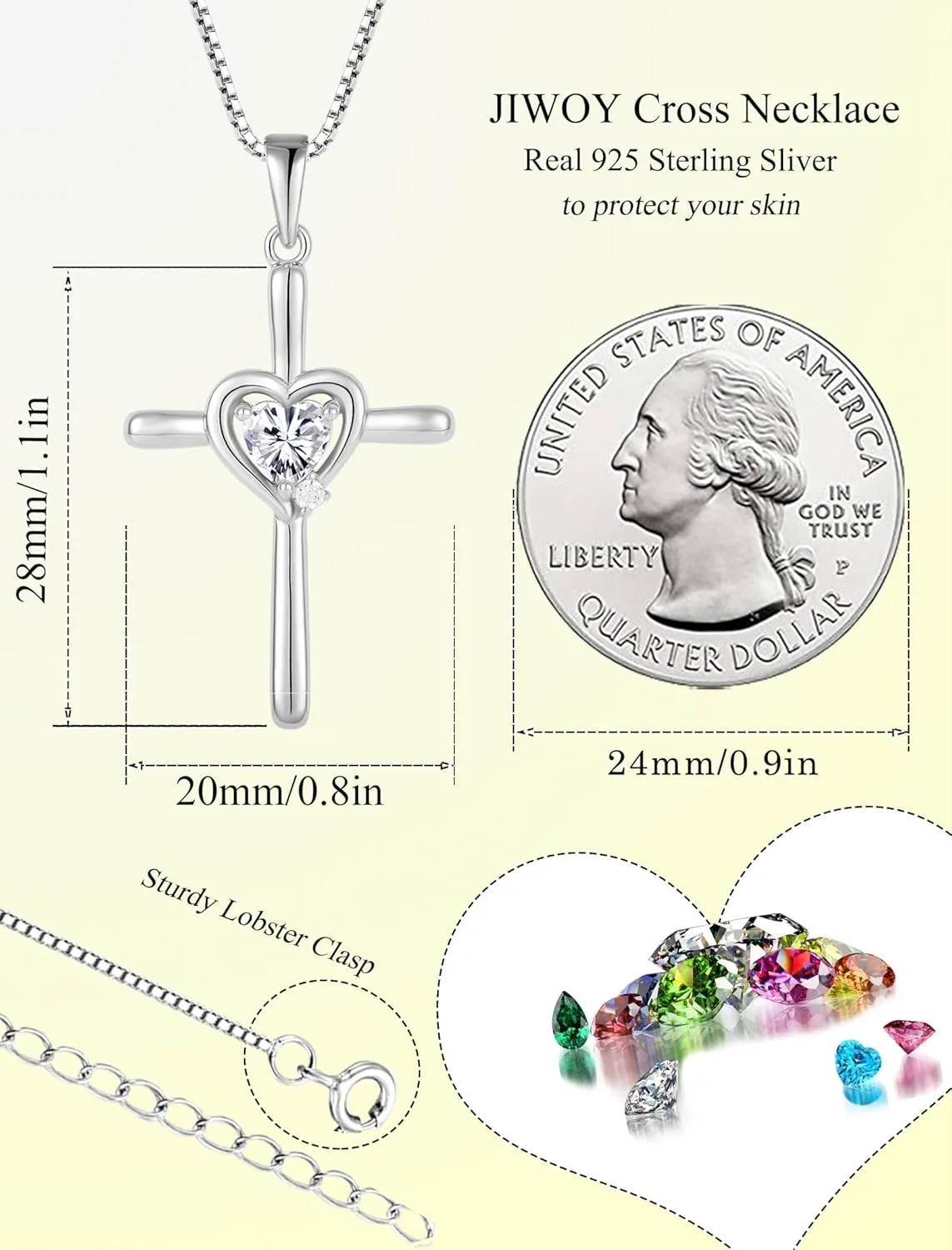 Cross Necklace 925 Sterling Silver Religious Pendant Crucifix Heart Birthstone Jewelry