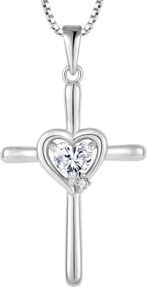 Cross Necklace 925 Sterling Silver Religious Pendant Crucifix Heart Birthstone Jewelry