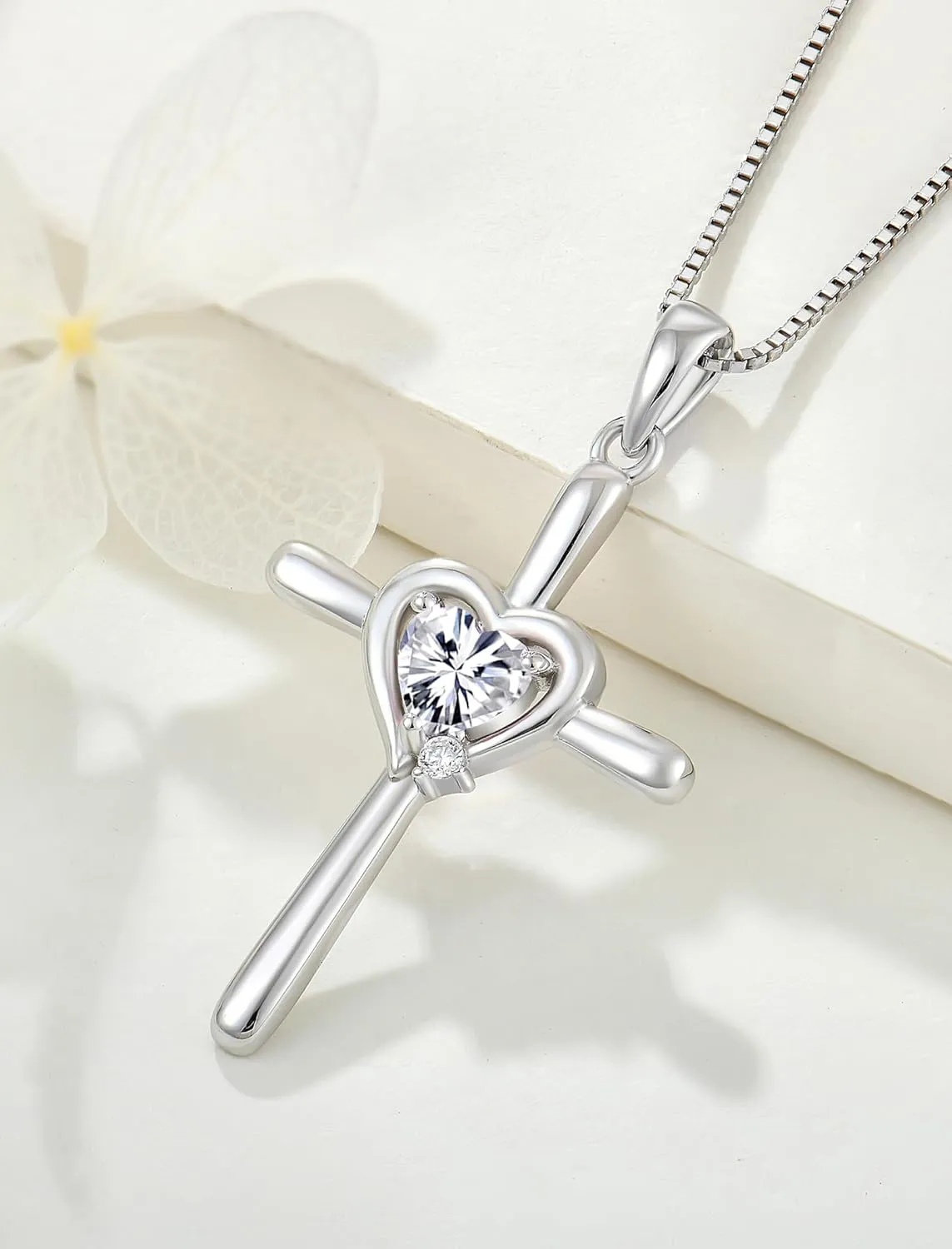 Cross Necklace 925 Sterling Silver Religious Pendant Crucifix Heart Birthstone Jewelry