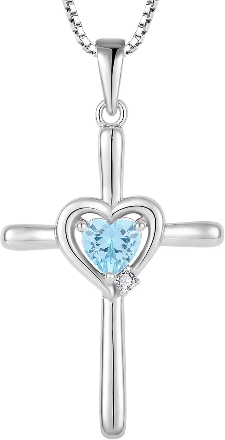 Cross Necklace 925 Sterling Silver Religious Pendant Crucifix Heart Birthstone Jewelry