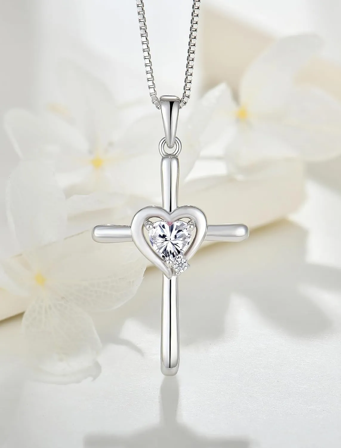 Cross Necklace 925 Sterling Silver Religious Pendant Crucifix Heart Birthstone Jewelry