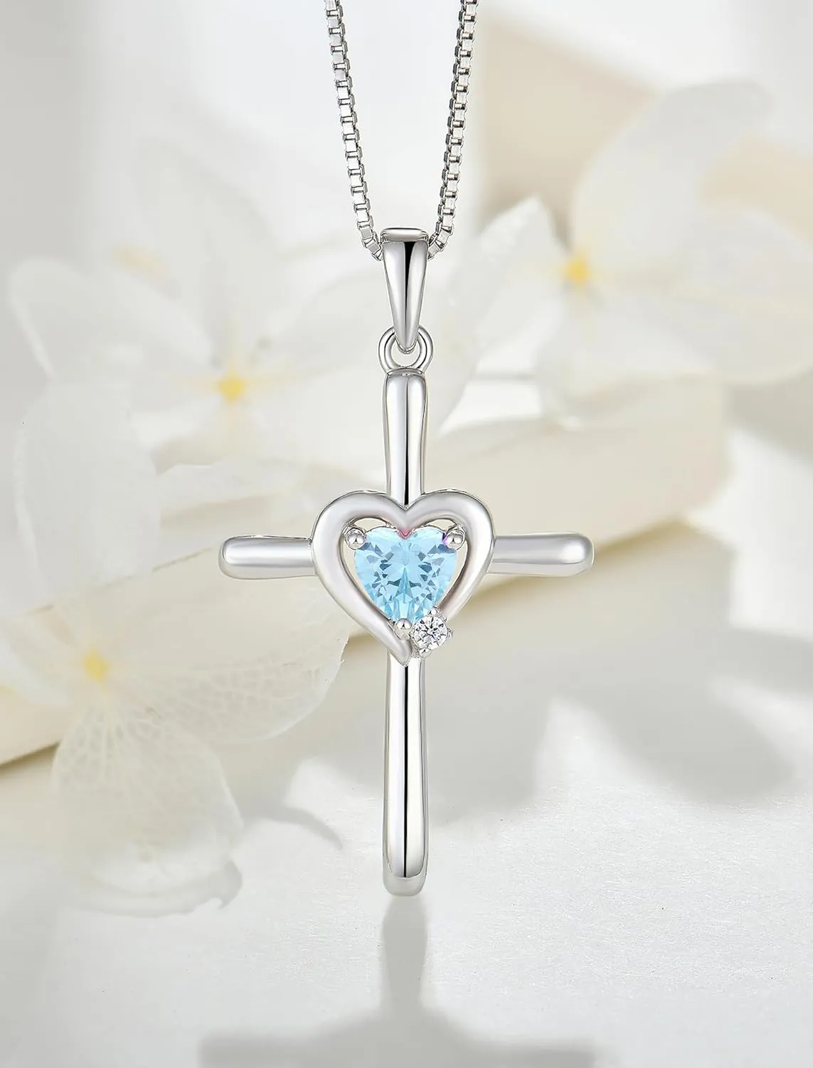 Cross Necklace 925 Sterling Silver Religious Pendant Crucifix Heart Birthstone Jewelry