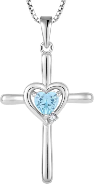 Cross Necklace 925 Sterling Silver Religious Pendant Crucifix Heart Birthstone Jewelry