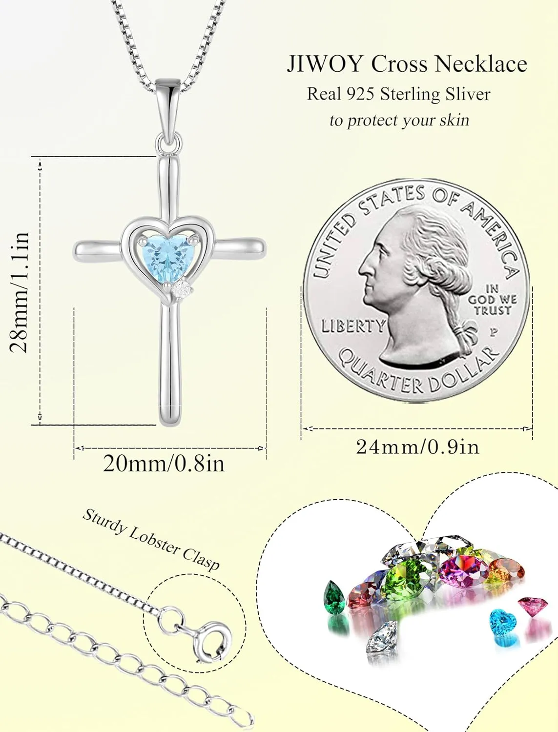 Cross Necklace 925 Sterling Silver Religious Pendant Crucifix Heart Birthstone Jewelry