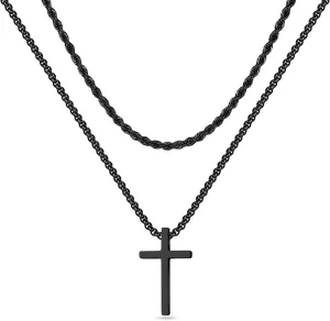 Cross Necklace for Men, Gold Silver Black Stainless Steel Mens Cross Necklaces Layered Rope Chain Box Chain Cross Pendant Necklace for Men Cross Chain Necklace for Men 16-24 Inch