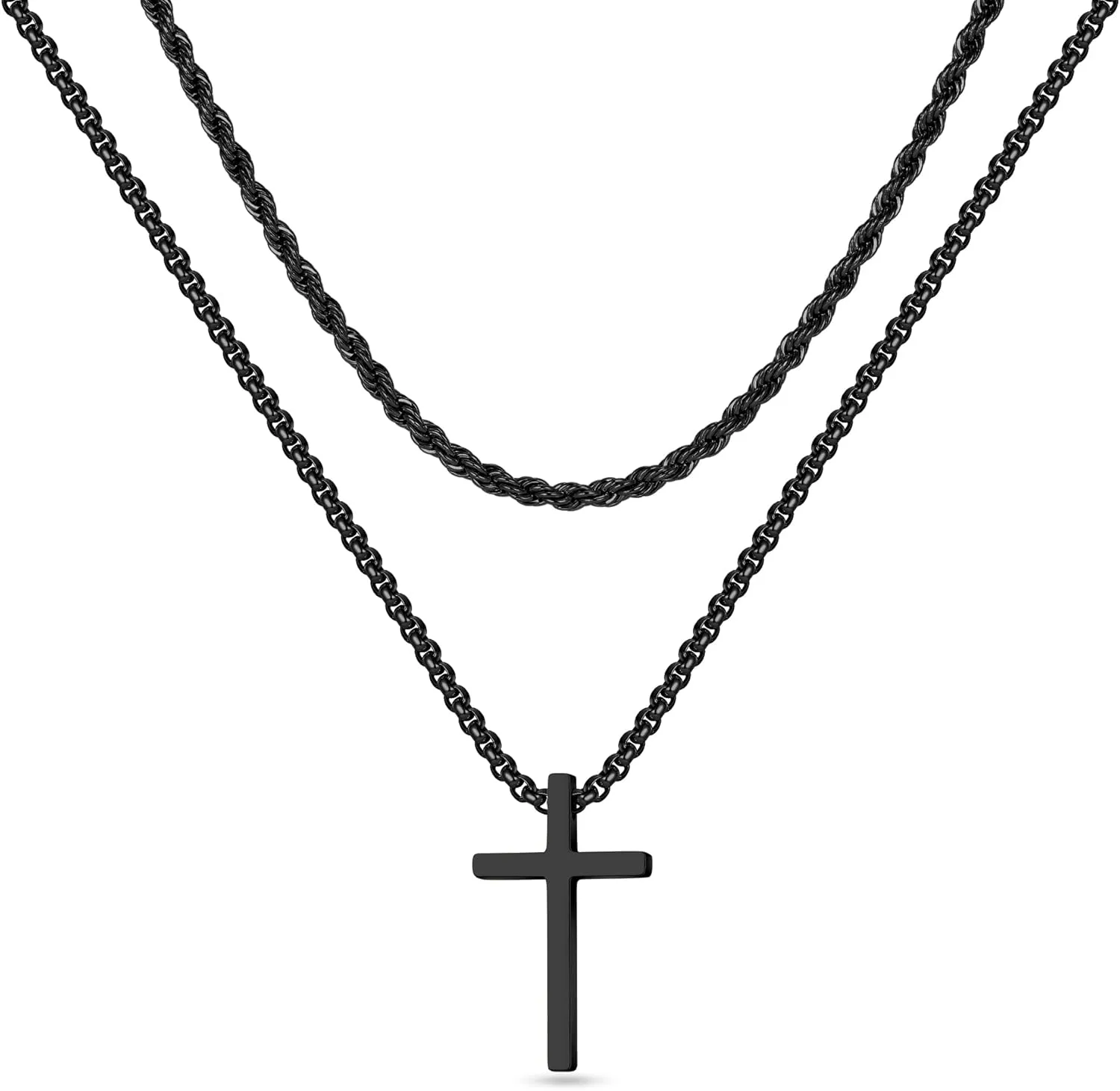 Cross Necklace for Men, Gold Silver Black Stainless Steel Mens Cross Necklaces Layered Rope Chain Box Chain Cross Pendant Necklace for Men Cross Chain Necklace for Men 16-24 Inch