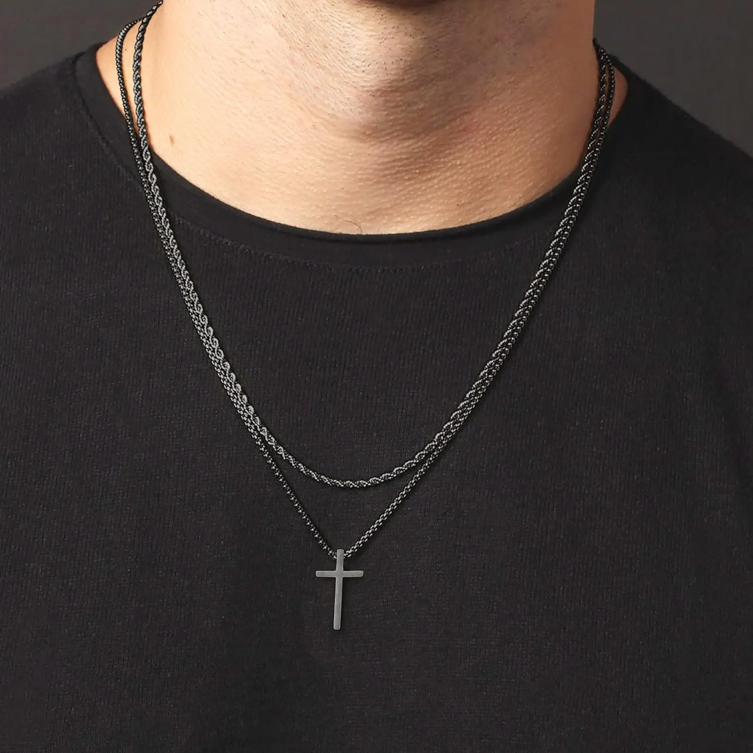 Cross Necklace for Men, Gold Silver Black Stainless Steel Mens Cross Necklaces Layered Rope Chain Box Chain Cross Pendant Necklace for Men Cross Chain Necklace for Men 16-24 Inch