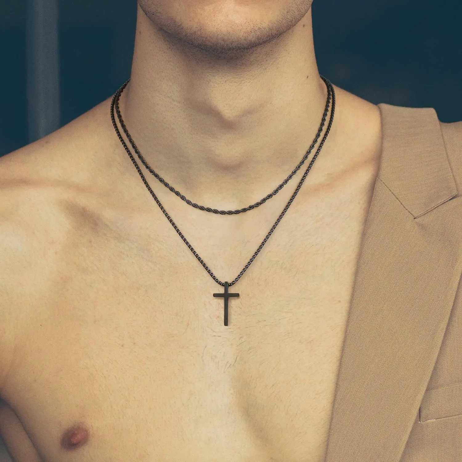 Cross Necklace for Men, Gold Silver Black Stainless Steel Mens Cross Necklaces Layered Rope Chain Box Chain Cross Pendant Necklace for Men Cross Chain Necklace for Men 16-24 Inch