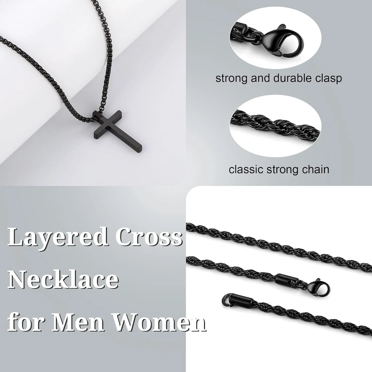 Cross Necklace for Men, Gold Silver Black Stainless Steel Mens Cross Necklaces Layered Rope Chain Box Chain Cross Pendant Necklace for Men Cross Chain Necklace for Men 16-24 Inch