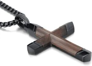 Cross Necklace for Men, Real Ebony Wooden Mens Cross Necklace Black Stainless Steel Christian Handmade Wood Pendant for Men, 24 Inch Box Chain