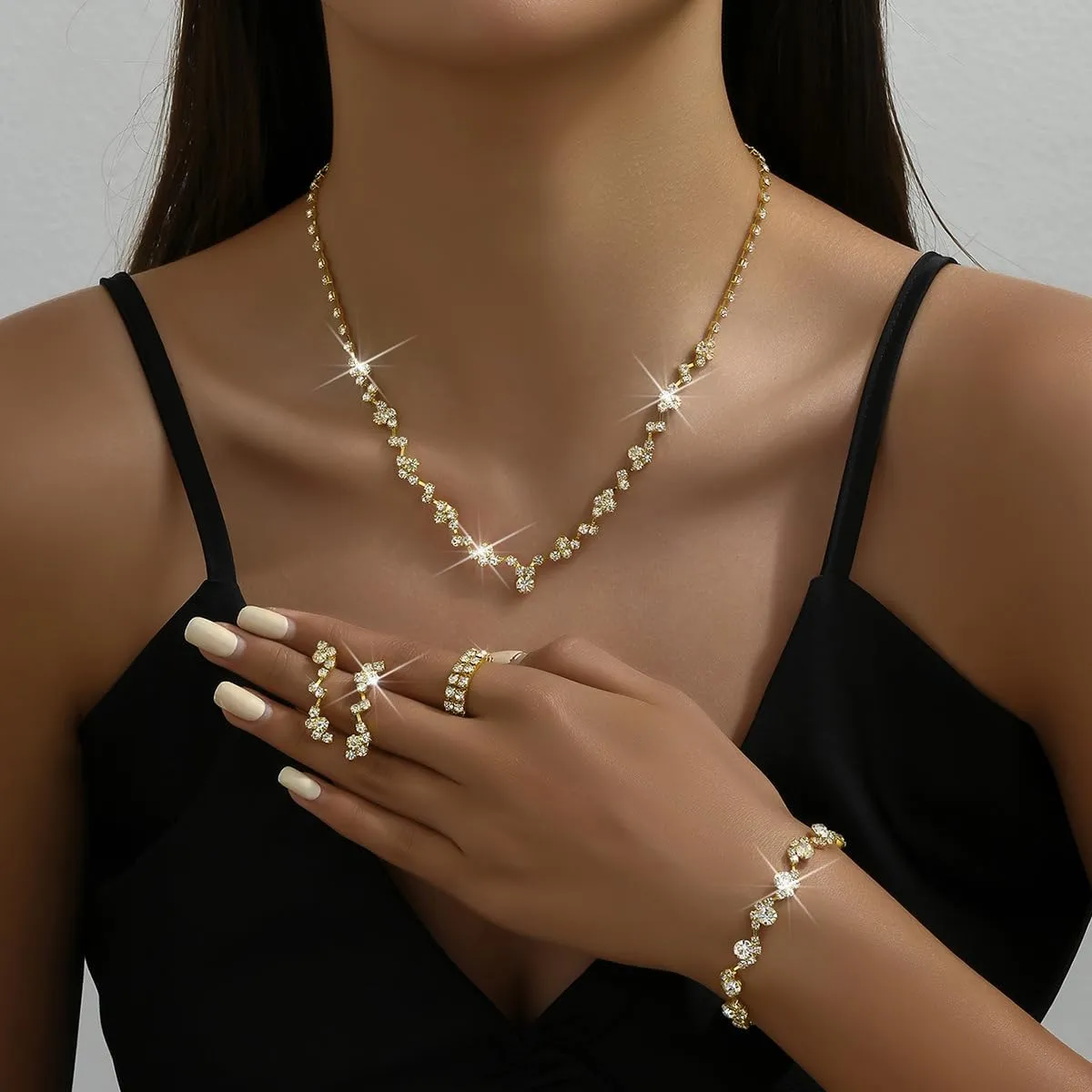 CSIYANJRY99 Prom Jewelry Sets Gold Silver Crystal Earrings Necklace Bracelet Ring Set Rhinestone Bride Wedding Party Prom Jewelry