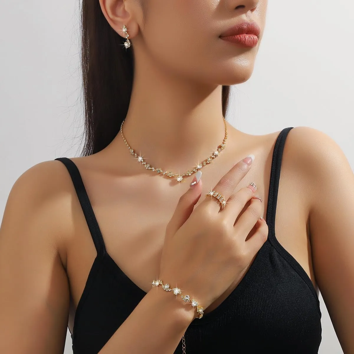 CSIYANJRY99 Prom Jewelry Sets Gold Silver Crystal Earrings Necklace Bracelet Ring Set Rhinestone Bride Wedding Party Prom Jewelry