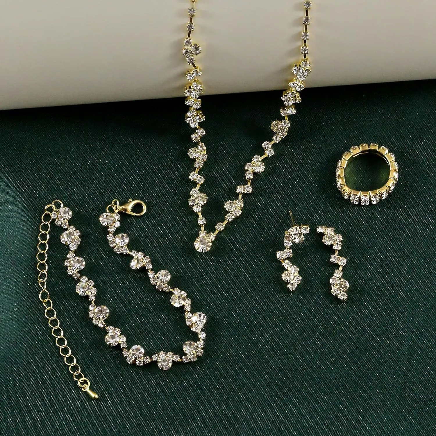CSIYANJRY99 Prom Jewelry Sets Gold Silver Crystal Earrings Necklace Bracelet Ring Set Rhinestone Bride Wedding Party Prom Jewelry