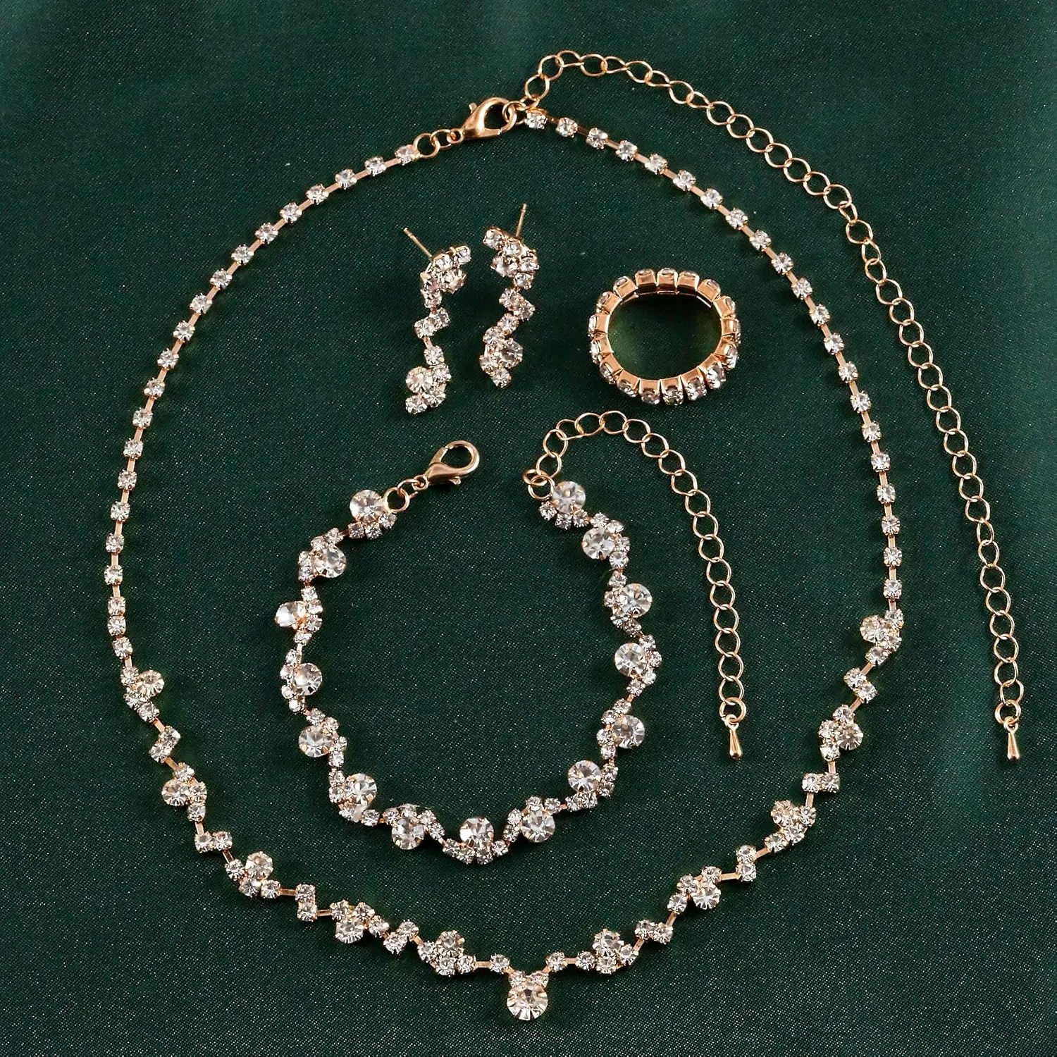 CSIYANJRY99 Prom Jewelry Sets Gold Silver Crystal Earrings Necklace Bracelet Ring Set Rhinestone Bride Wedding Party Prom Jewelry