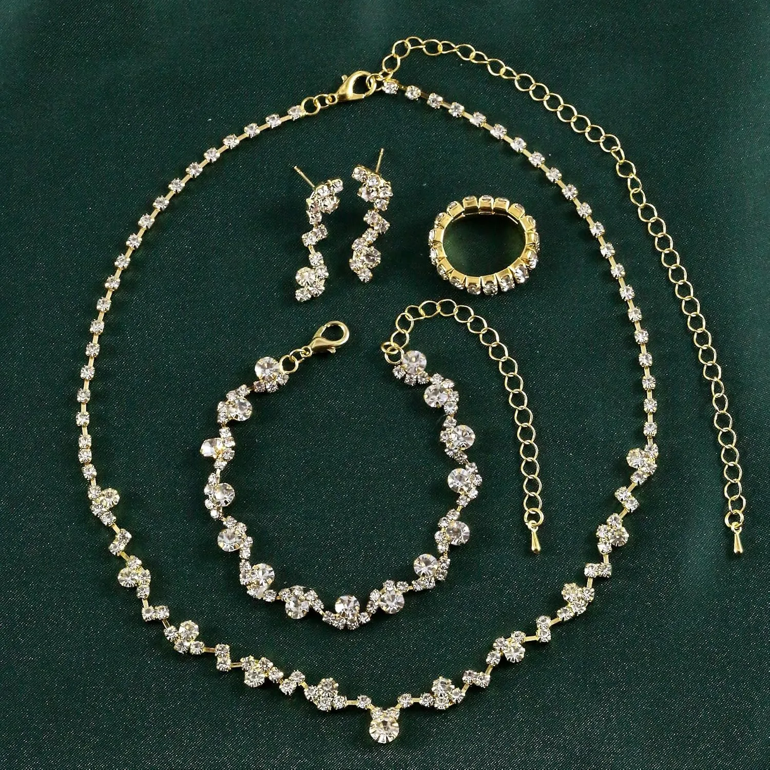 CSIYANJRY99 Prom Jewelry Sets Gold Silver Crystal Earrings Necklace Bracelet Ring Set Rhinestone Bride Wedding Party Prom Jewelry