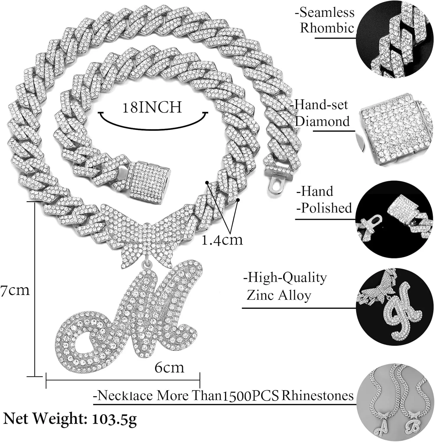 Cuban Link Chain for Women Cursive Silver Initial 14MM Diamond Prong Cuban Chain Hip Hop Iced Out Chain Necklace Butterfly Initial Letter Name Necklaces for Women