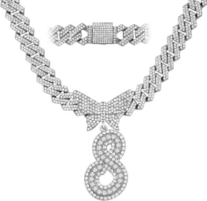 Cuban Link Chain for Women Cursive Silver Initial 14MM Diamond Prong Cuban Chain Hip Hop Iced Out Chain Necklace Butterfly Initial Letter Name Necklaces for Women