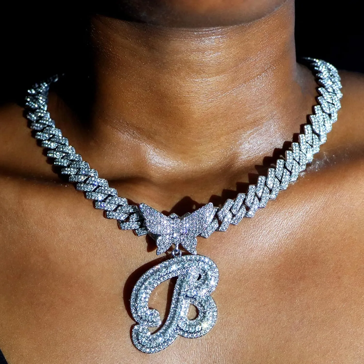 Cuban Link Chain for Women Cursive Silver Initial 14MM Diamond Prong Cuban Chain Hip Hop Iced Out Chain Necklace Butterfly Initial Letter Name Necklaces for Women