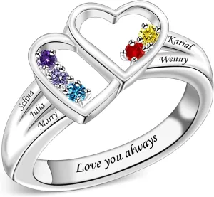 Custom Birthstone Rings Double Heart Rings for Women Personalized Family Rings with Children's Names Statement Ring Mother and Daughter Ring Anniversary Mothers Day Gift for Mom Grandmother Wife