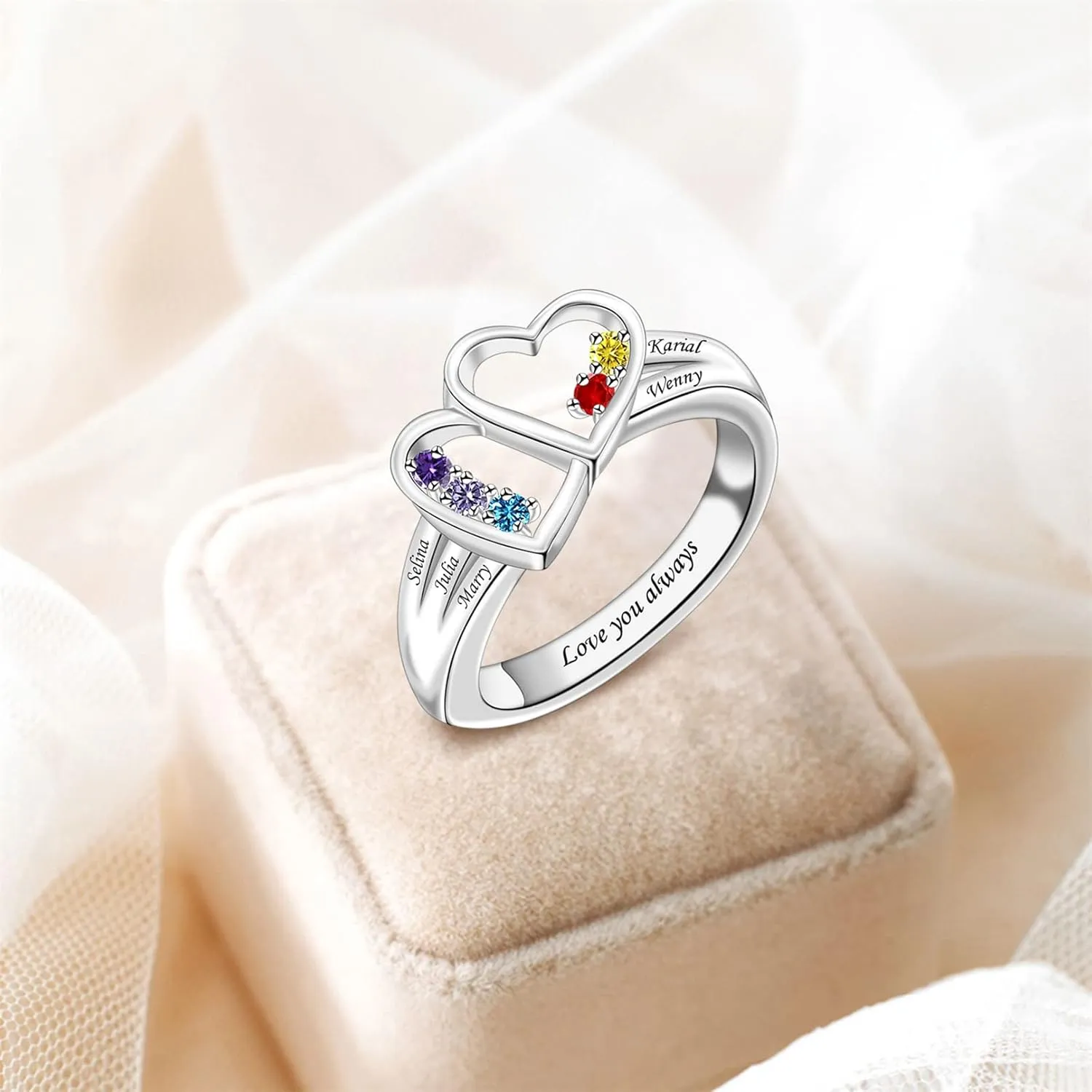 Custom Birthstone Rings Double Heart Rings for Women Personalized Family Rings with Children's Names Statement Ring Mother and Daughter Ring Anniversary Mothers Day Gift for Mom Grandmother Wife