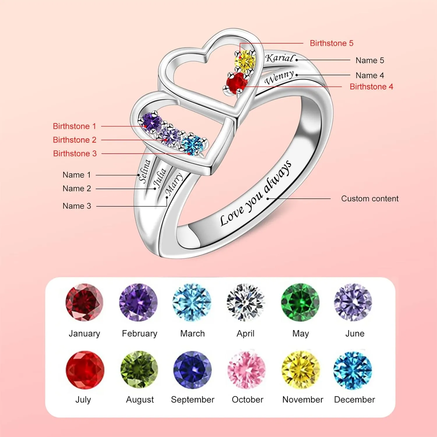 Custom Birthstone Rings Double Heart Rings for Women Personalized Family Rings with Children's Names Statement Ring Mother and Daughter Ring Anniversary Mothers Day Gift for Mom Grandmother Wife