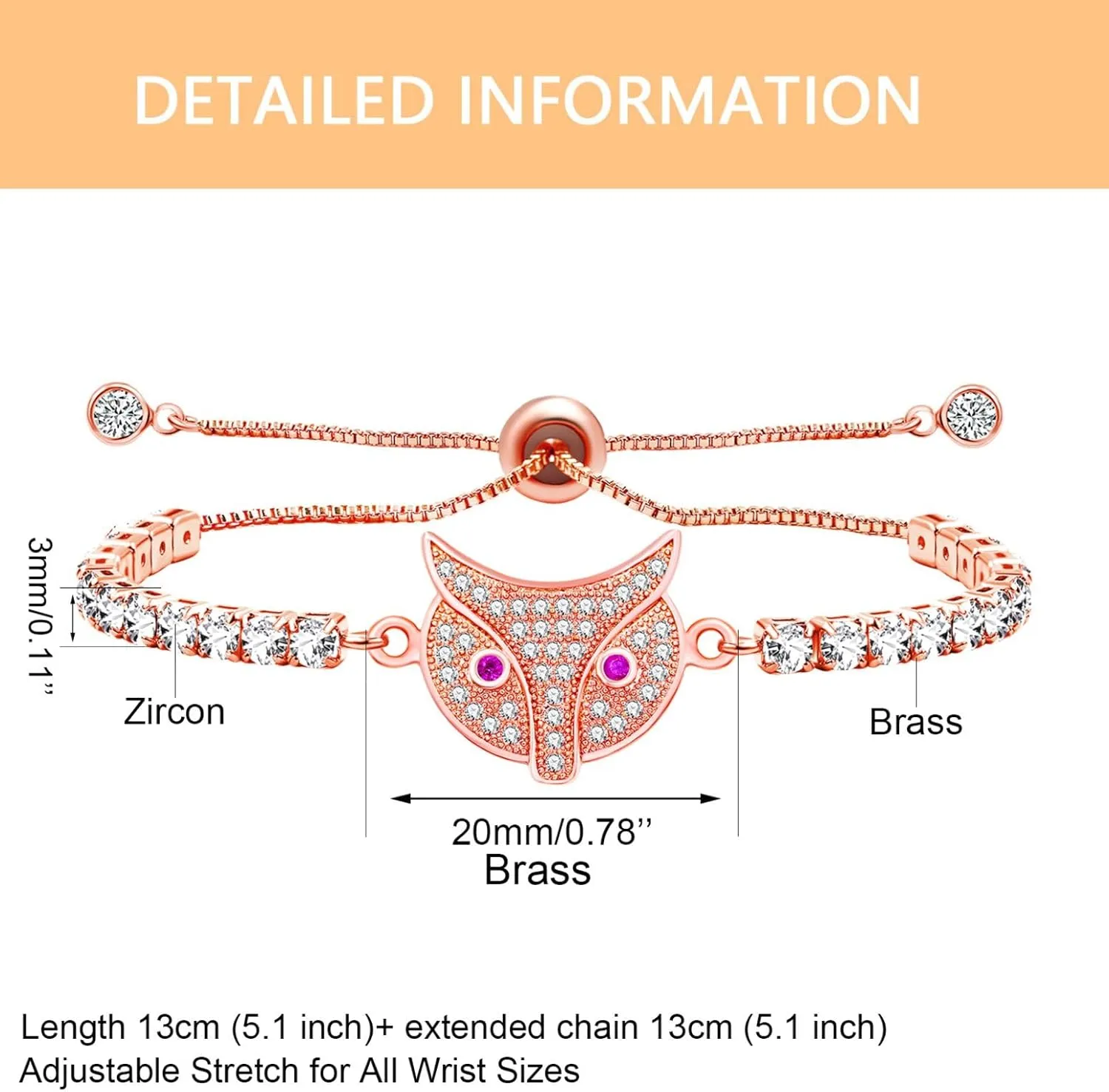 Cute Fox Tennis Bracelet Cubic Zirconia Adjustable Slider Bolo Tennis Bracelets Animal Jewelry for Women Gifts YA4928